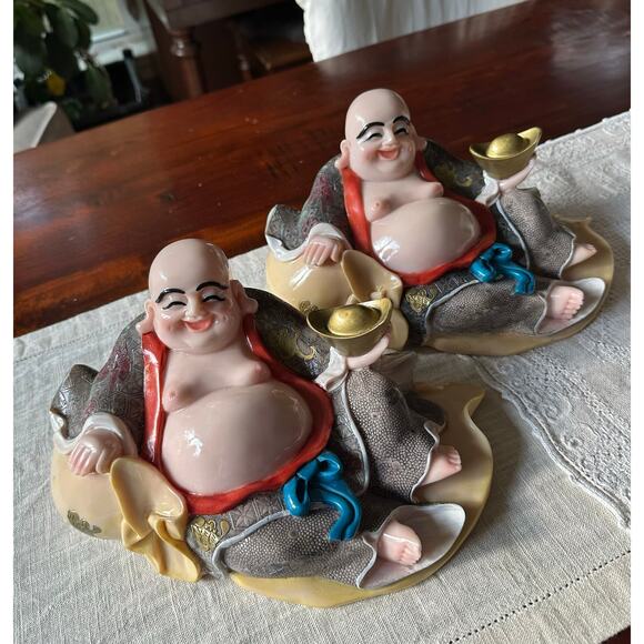2 Laughing Buddha statues set of two resin hand painted pair decor figurines - Picture 3 of 16